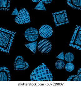 Seamless vector geometrical pattern with icons of playing cards. background with hand drawn textured geometric figures. Pastel Graphic illustration Template for wrapping, web backgrounds, wallpaper