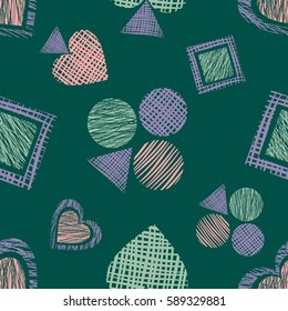 Seamless vector geometrical pattern with icons of playing cards. background with hand drawn textured geometric figures. Pastel Graphic illustration Template for wrapping, web backgrounds, wallpaper