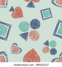 Seamless vector geometrical pattern with icons of playing cards. background with hand drawn textured geometric figures. Pastel Graphic illustration Template for wrapping, web backgrounds, wallpaper