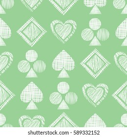 Seamless vector geometrical pattern with icons of playing cards. background with hand drawn textured geometric figures. Pastel Graphic illustration Template for wrapping, web backgrounds, wallpaper
