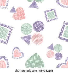 Seamless vector geometrical pattern with icons of playing cards. background with hand drawn textured geometric figures. Pastel Graphic illustration Template for wrapping, web backgrounds, wallpaper