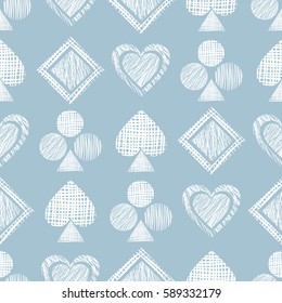 Seamless vector geometrical pattern with icons of playing cards. background with hand drawn textured geometric figures. Pastel Graphic illustration Template for wrapping, web backgrounds, wallpaper