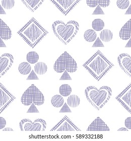Seamless vector geometrical pattern with icons of playing cards. background with hand drawn textured geometric figures. Pastel Graphic illustration Template for wrapping, web backgrounds, wallpaper