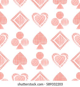 Seamless vector geometrical pattern with icons of playing cards. background with hand drawn textured geometric figures. Pastel Graphic illustration Template for wrapping, web backgrounds, wallpaper