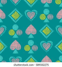 Seamless vector geometrical pattern with icons of playing cards. background with hand drawn textured geometric figures. Pastel Graphic illustration Template for wrapping, web backgrounds, wallpaper
