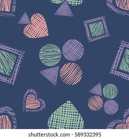 Seamless vector geometrical pattern with icons of playing cards. background with hand drawn textured geometric figures. Pastel Graphic illustration Template for wrapping, web backgrounds, wallpaper
