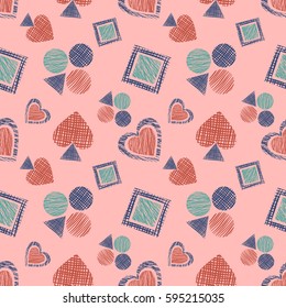 Seamless vector geometrical pattern with icons of playing cards. background with hand drawn textured geometric figures. Pastel Graphic illustration Template for wrapping, web backgrounds, wallpaper