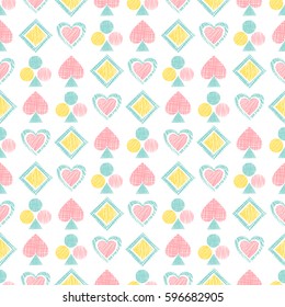 Seamless vector geometrical pattern with icons of playing cards. background with hand drawn textured geometric figures. Pastel Graphic illustration Template for wrapping, web backgrounds, wallpaper