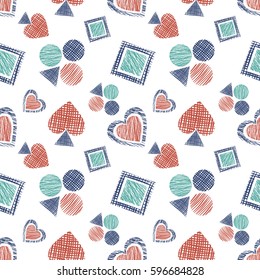 Seamless vector geometrical pattern with icons of playing cards. background with hand drawn textured geometric figures. Pastel Graphic illustration Template for wrapping, web backgrounds, wallpaper