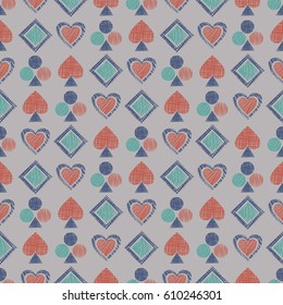 Seamless vector geometrical pattern with icons of playing cards. 