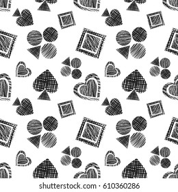 Seamless vector geometrical pattern with icons of playing cards. background with hand drawn textured geometric figures. Pastel Graphic illustration Template for wrapping, web backgrounds, wallpaper