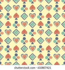 Seamless vector geometrical pattern with icons of playing cards. background with hand drawn textured geometric figures. Pastel Graphic illustration Template for wrapping, web backgrounds, wallpaper