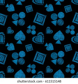 Seamless vector geometrical pattern with icons of playing cards. background with hand drawn textured geometric figures. Pastel Graphic illustration Template for wrapping, web backgrounds, wallpaper