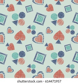 Seamless vector geometrical pattern with icons of playing cards. background with hand drawn textured geometric figures. Pastel Graphic illustration Template for wrapping, web backgrounds, wallpaper