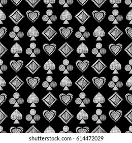 Seamless vector geometrical pattern with icons of playing cards. background with hand drawn textured geometric figures. Pastel Graphic illustration Template for wrapping, web backgrounds, wallpaper