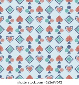 Seamless vector geometrical pattern with icons of playing cards. background with hand drawn textured geometric figures. Pastel Graphic illustration Template for wrapping, web backgrounds, wallpaper