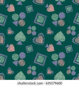 Seamless vector geometrical pattern with icons of playing cards. background with hand drawn textured geometric figures. Pastel Graphic illustration Template for wrapping, web backgrounds, wallpaper