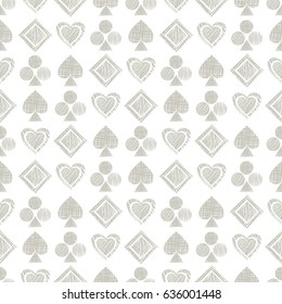 Padrão geométrico vetorial contínuo com ícones de cartas de jogo. fundo com figuras geométricas texturizadas desenhadas à mão. Pastel Gráfico ilustração Modelo para empacotamento, fundos da web, papel de parede