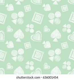 Patrón geométrico de Vector sin fisuras con los iconos de las tarjetas de juego. fondo con figuras geométricas texturizadas dibujadas a mano. Pastel Plantilla de ilustración gráfica para envolver, fondos de Web, Fondo de pantalla