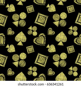 Seamless vector geometrical pattern with icons of playing cards. background with hand drawn textured geometric figures. Pastel Graphic illustration Template for wrapping, web backgrounds, wallpaper