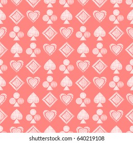 Seamless vector geometrical pattern with icons of playing cards. background with hand drawn textured geometric figures. Pastel Graphic illustration Template for wrapping, web backgrounds, wallpaper