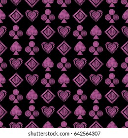 Seamless vector geometrical pattern with icons of playing cards. background with hand drawn textured geometric figures. Pastel Graphic illustration Template for wrapping, web backgrounds, wallpaper