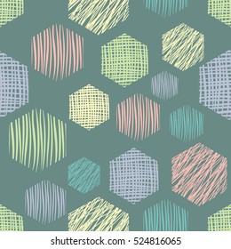 Seamless vector  geometrical pattern with rectangles. Green pastel endless background with  hand drawn textured geometric figures. Graphic vector illustration