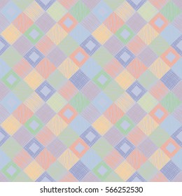 Seamless vector geometrical pattern with rhombus, squares. endless background with hand drawn textured geometric figures. Pastel Graphic illustration Template for wrapping, web backgrounds, wallpaper.