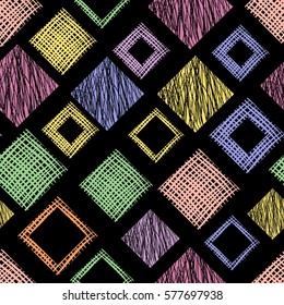 Seamless vector geometrical pattern with rhombus, squares, rectangles endless background with hand drawn textured geometric figures. Pastel Graphic illustration Template for wrapping, web backgrounds.