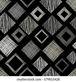 Seamless vector geometrical pattern with rhombus, squares, rectangles endless background with hand drawn textured geometric figures. Pastel Graphic illustration Template for wrapping, web backgrounds.