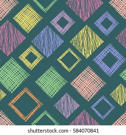Seamless vector geometrical pattern with rhombus, squares, rectangles endless background with hand drawn textured geometric figures. Pastel Graphic illustration Template for wrapping, web backgrounds.