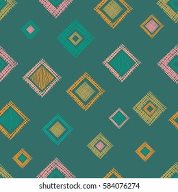 Seamless vector geometrical pattern with rhombus, squares, rectangles endless background with hand drawn textured geometric figures. Pastel Graphic illustration Template for wrapping, web backgrounds.