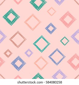 Seamless vector geometrical pattern with rhombus, squares, rectangles endless background with hand drawn textured geometric figures. Pastel Graphic illustration Template for wrapping, web backgrounds.