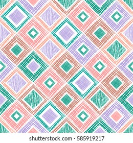 Seamless vector geometrical pattern with rhombus, squares, rectangles endless background with hand drawn textured geometric figures. Pastel Graphic illustration Template for wrapping, web backgrounds