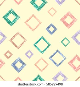 Seamless vector geometrical pattern with rhombus, squares, rectangles endless background with hand drawn textured geometric figures. Pastel Graphic illustration Template for wrapping, web backgrounds