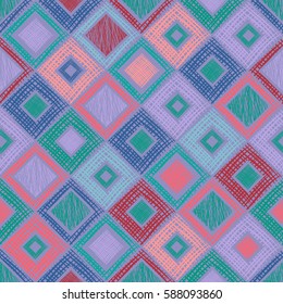 Seamless vector geometrical pattern with rhombus, squares, rectangles endless background with hand drawn textured geometric figures. Pastel Graphic illustration Template for wrapping, web backgrounds.