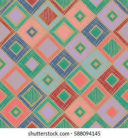 Seamless vector geometrical pattern with rhombus, squares, rectangles endless background with hand drawn textured geometric figures. Pastel Graphic illustration Template for wrapping, web backgrounds.