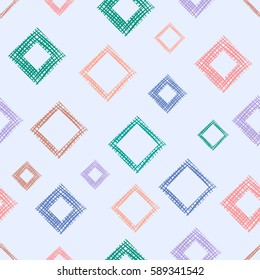 Seamless vector geometrical pattern with rhombus, squares, rectangles endless background with hand drawn textured geometric figures. Pastel Graphic illustration Template for wrapping, web backgrounds