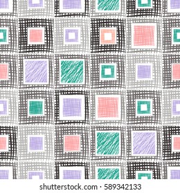 Seamless vector geometrical pattern with rhombus, squares, rectangles endless background with hand drawn textured geometric figures. Pastel Graphic illustration Template for wrapping, web backgrounds