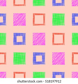 Seamless vector  geometrical pattern with squares. Colorful endless background with  hand drawn  textured geometric figures. Graphic vector illustration.