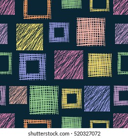 Seamless vector  geometrical pattern with squares. Blue endless background with  hand drawn textured geometric figures. Graphic vector illustration.
