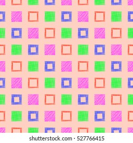 Seamless vector  geometrical pattern with squares. Pink endless background with  hand drawn textured geometric figures. Graphic  illustration Template for wrapping, web backgrounds, wallpaper.