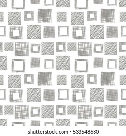 Seamless vector  geometrical pattern with squares. Grey endless background with  hand drawn textured geometric figures. Graphic  illustration Template for wrapping, web backgrounds, wallpaper..