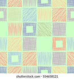 Seamless vector geometrical pattern with squares. Blue endless background with hand drawn textured geometric figures. Graphic illustration Template for wrapping, web backgrounds, wallpaper.