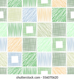 Seamless vector geometrical pattern with squares. Green pastel endless background with hand drawn textured geometric figures. Graphic illustration Template for wrapping, web backgrounds, wallpaper.