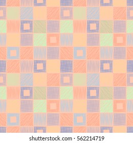 Seamless vector geometrical pattern with squares. Pink background with hand drawn textured geometric figures. Graphic illustration Template for wrapping, web backgrounds, wallpaper, print, surface.