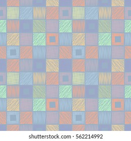 Seamless vector geometrical pattern with squares. Blue background with hand drawn textured geometric figures. Graphic illustration Template for wrapping, web backgrounds, wallpaper, print, surface.