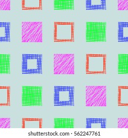 Seamless vector geometrical pattern with squares. Blue endless background with hand drawn textured geometric figures Graphic illustration Template for wrapping, web backgrounds, wallpaper