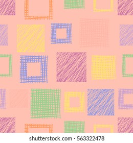 Seamless vector geometrical pattern with squares. Pink endless background with hand drawn textured geometric figures. Graphic illustration Template for wrapping, web backgrounds, wallpaper.