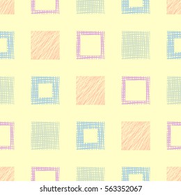 Seamless vector geometrical pattern with squares. Yellow endless background with hand drawn textured geometric figures. Graphic illustration Template for wrapping, web backgrounds, wallpaper.
